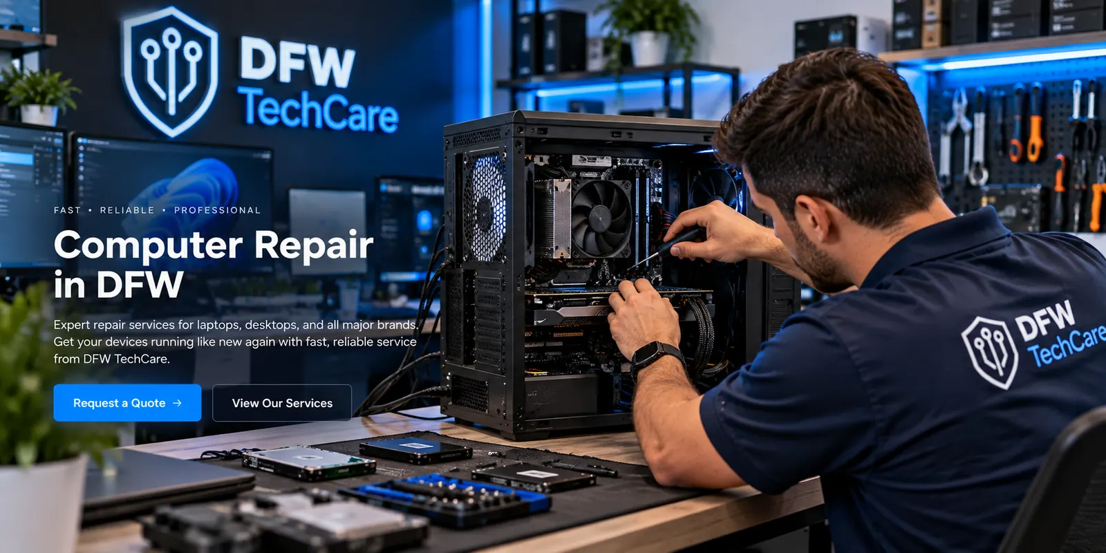 DFW TechCare technician repairing an open desktop computer in a branded workshop